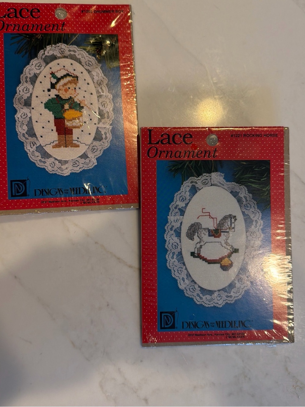 2 Designs Lace Cross Stitch Christmas Ornaments Kits Rocking Horse & Drummer